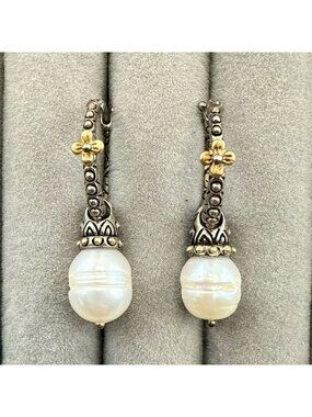Barbara Bixby Earrings Sterling Silver 18K Gold Pearl Hoop Hoops Dangle 925